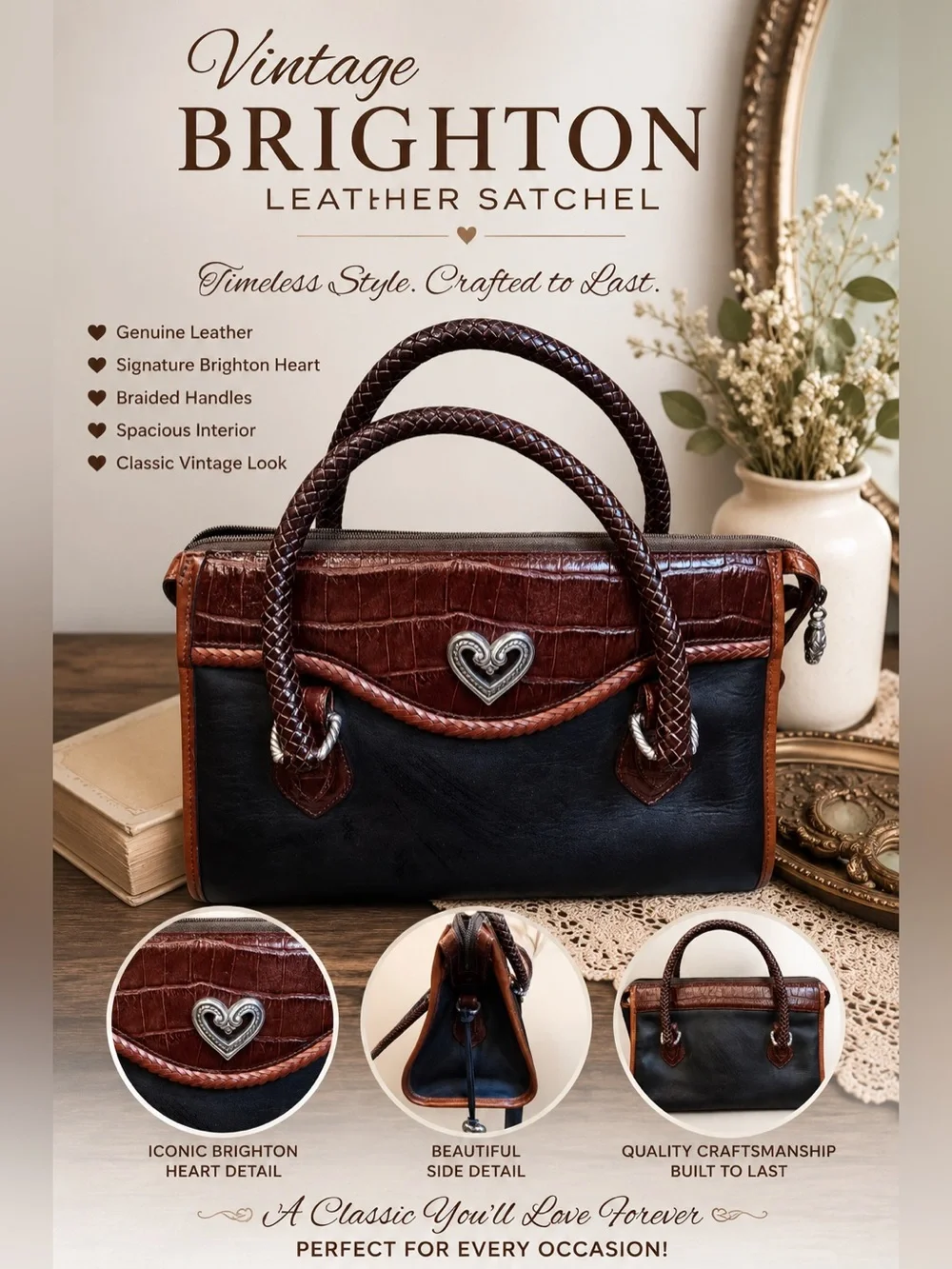 Vintage Brighton Black & Brown Leather Croc Trim Satchel with Heart Accent